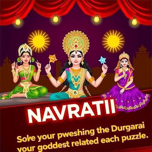 Sacred Pursuit Navratri celebration showing players worshipping different forms of Durga and solving puzzles related to each goddess