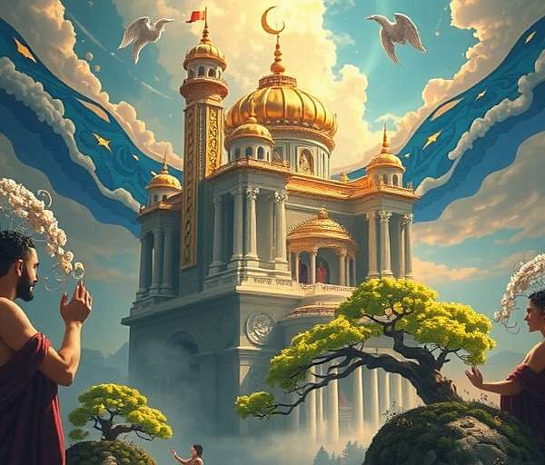 Sacred Pursuit Svarga realm showing celestial palaces, divine beings, and heavenly gardens with wish-fulfilling trees