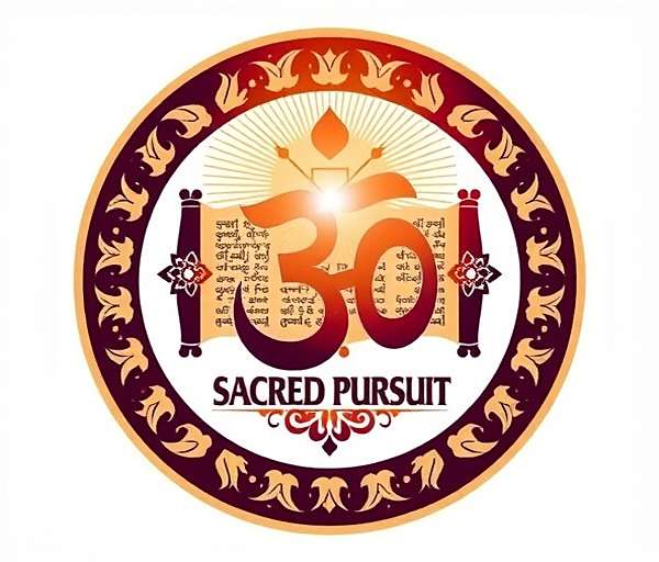 Sacred Pursuit logo featuring Om symbol with ancient Indian scrolls and divine light