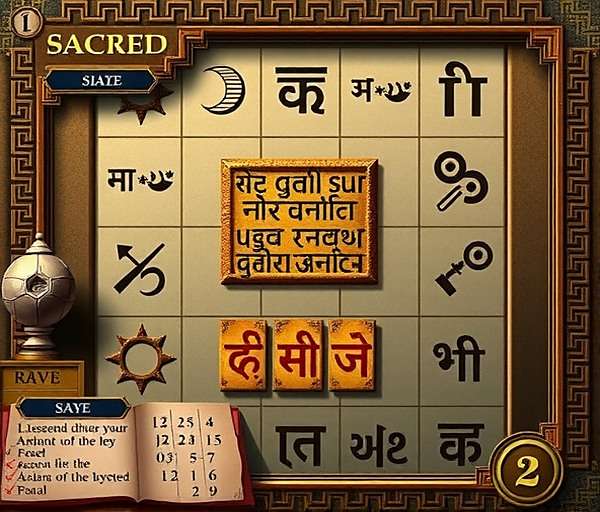 Sacred Pursuit gameplay showing a player solving a puzzle involving ancient Sanskrit inscriptions and symbolic representations