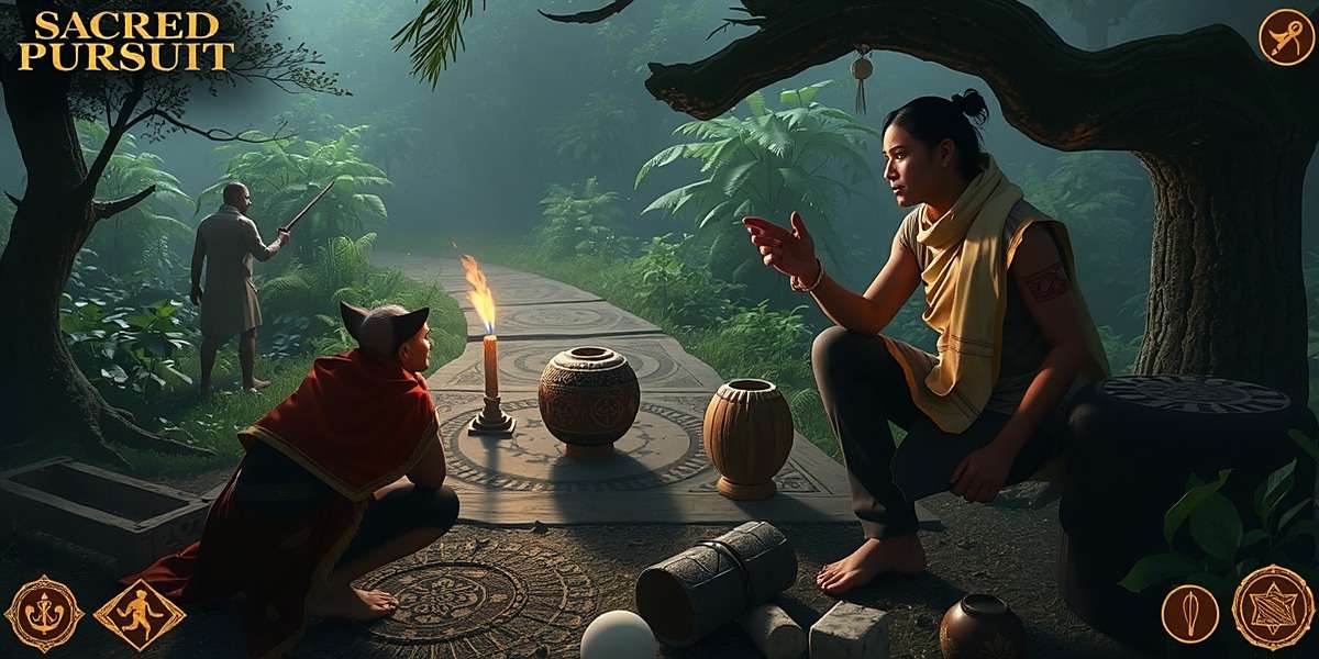Sacred Pursuit main gameplay showing a player interacting with a rishi (sage) in a forest setting with ancient Indian artifacts