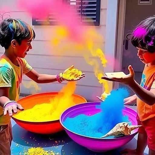 Sacred Pursuit Holi celebration showing players throwing colored powders and solving color-based puzzles related to Krishna's pastimes