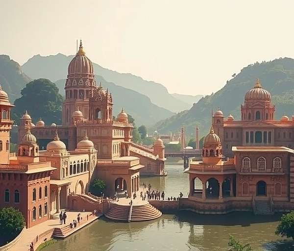 Sacred Pursuit Bhuloka realm showing an ancient Indian city with palaces, temples, and a sacred river with ghats