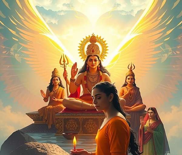 Sacred Pursuit Vaikuntha realm showing the abode of Vishnu with divine beings in meditation and service, surrounded by transcendental light