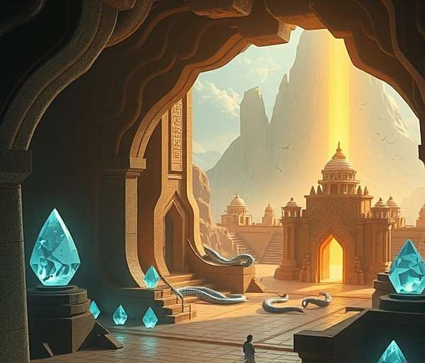 Sacred Pursuit Patala realm showing a subterranean city with glowing gemstones, serpent beings, and advanced architecture